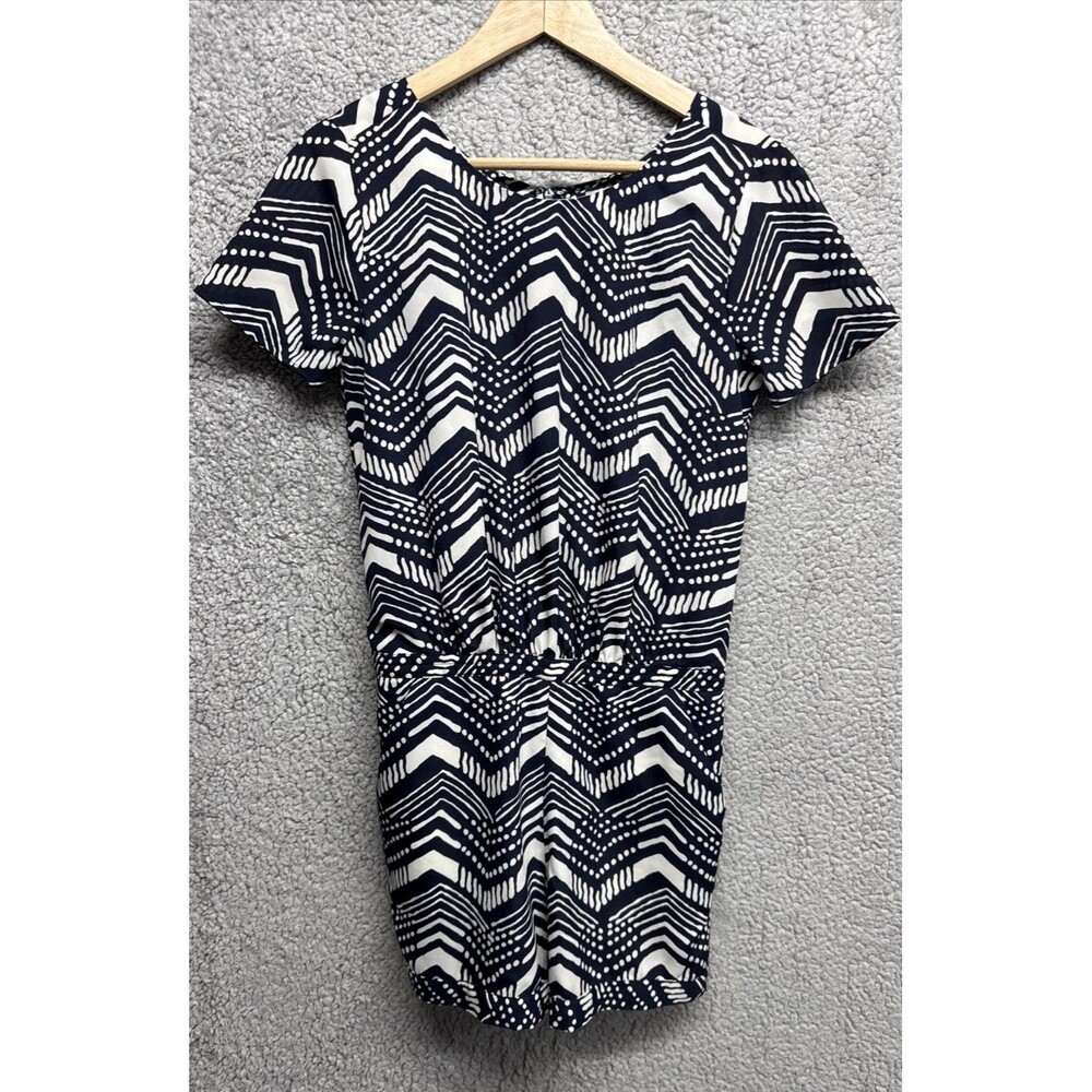 J Crew Navy & White Silky Chevron Romper Elastic Waist Womens Sz 0